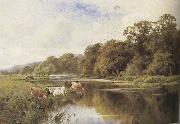 Henry h.parker Cattle watering on a Riverbank (mk37) Spain oil painting artist